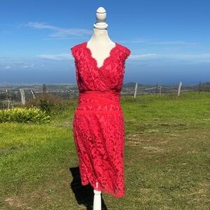 Tadashi Shoji Red Coral Lace Bandage Feminine Romantic Sheath Cocktail Dress 8